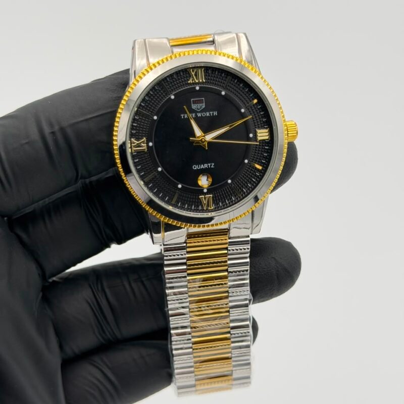Black Dial Two-Tone Watch – Gold & Silver Roman Numerals