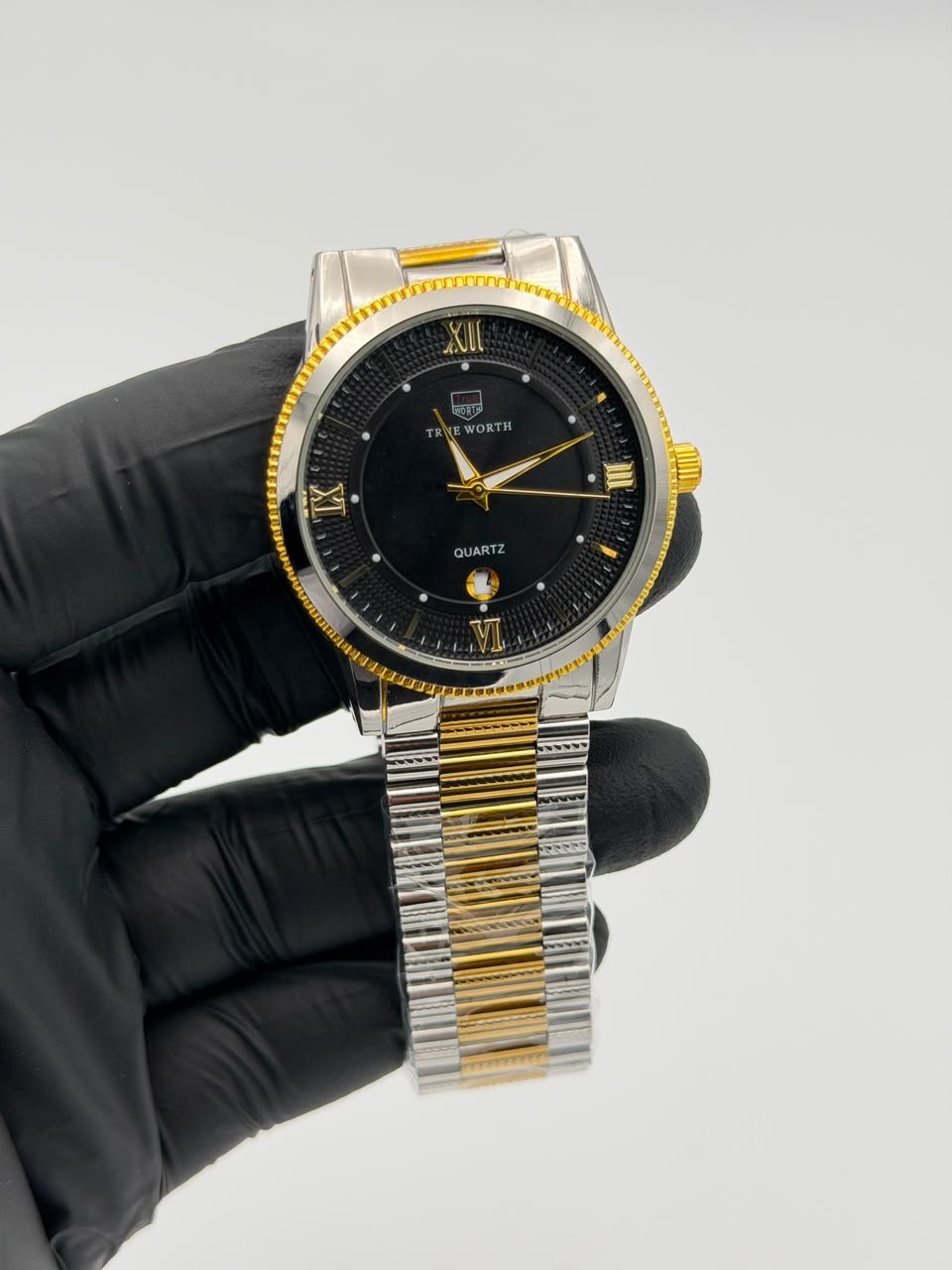 Black Dial Two-Tone Watch – Gold & Silver Roman Numerals