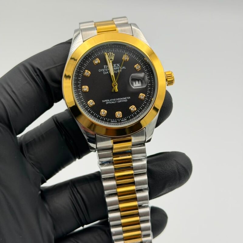 Black Dial Two-Tone Gold & Silver Watch – Crystal Markers
