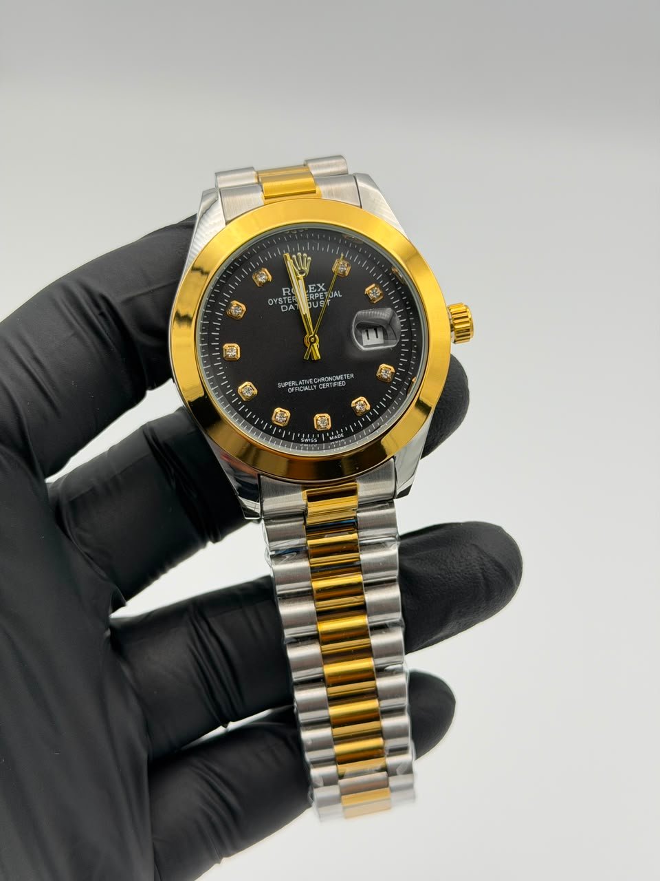 Black Dial Two-Tone Gold & Silver Watch – Crystal Markers
