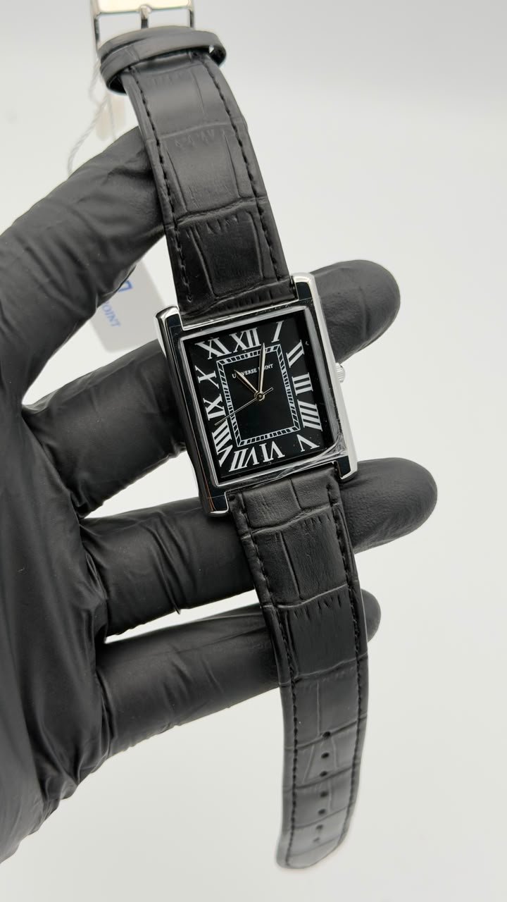 Black Rectangular Roman Numeral Leather Strap Quartz Watch - Image 2