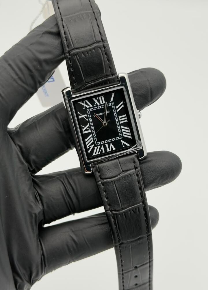 Black Rectangular Roman Numeral Leather Strap Quartz Watch