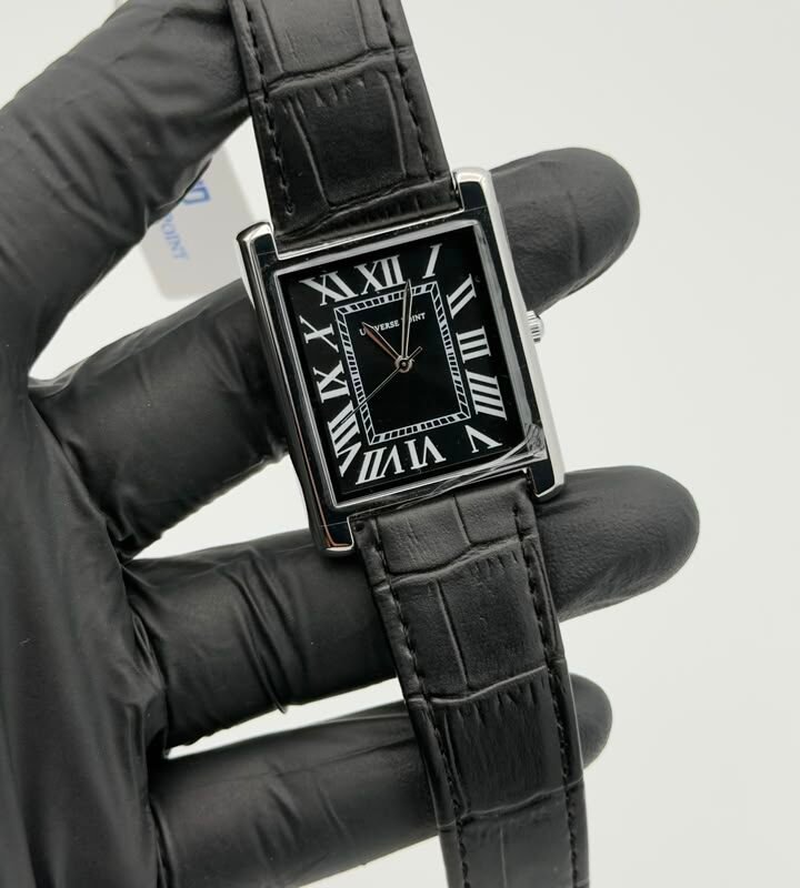 Black Rectangular Roman Numeral Leather Strap Quartz Watch