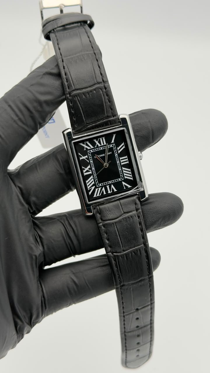 Black Rectangular Roman Numeral Leather Strap Quartz Watch