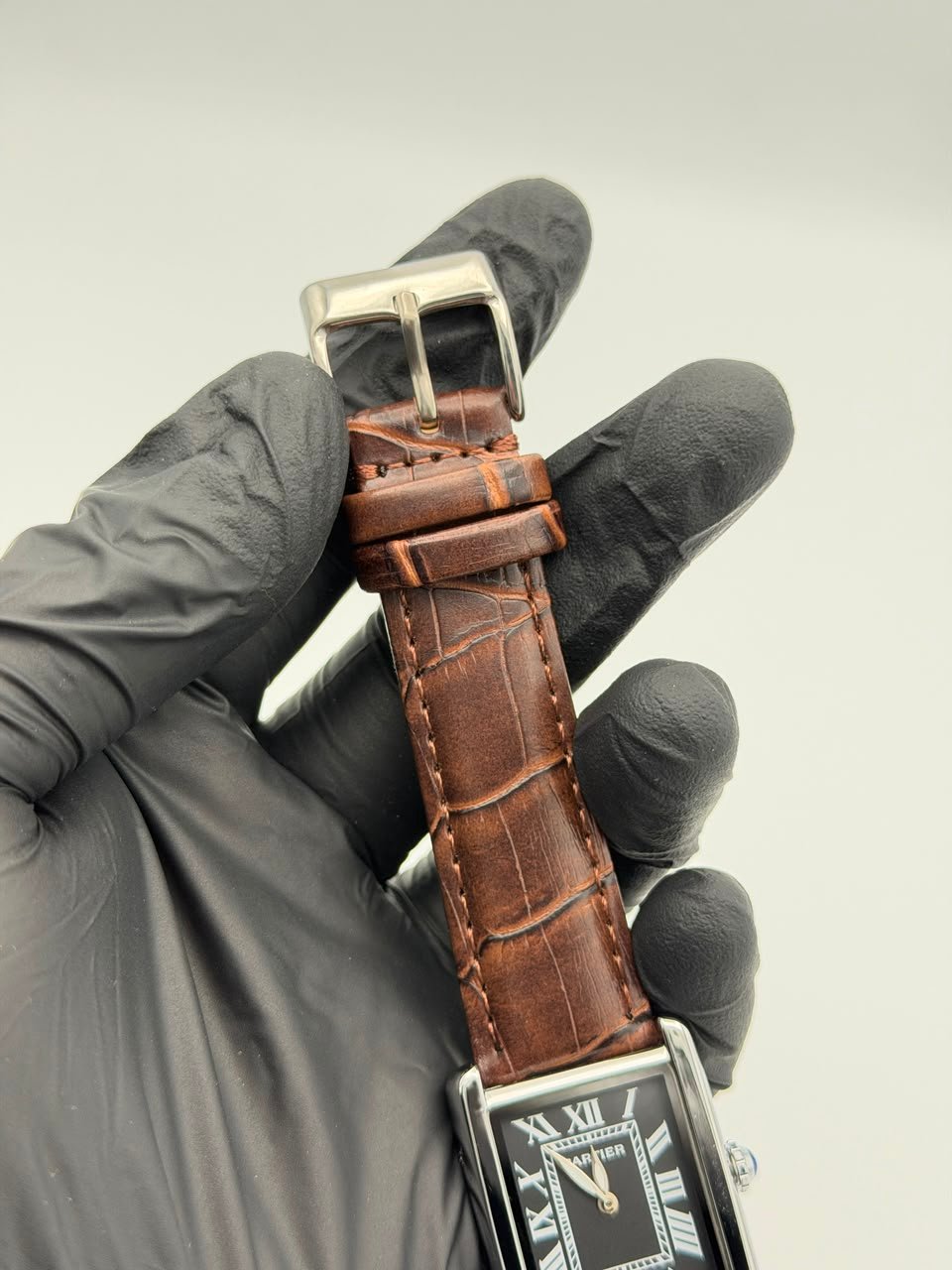 Black Rectangular Dress Watch – Brown Leather Strap - Image 4