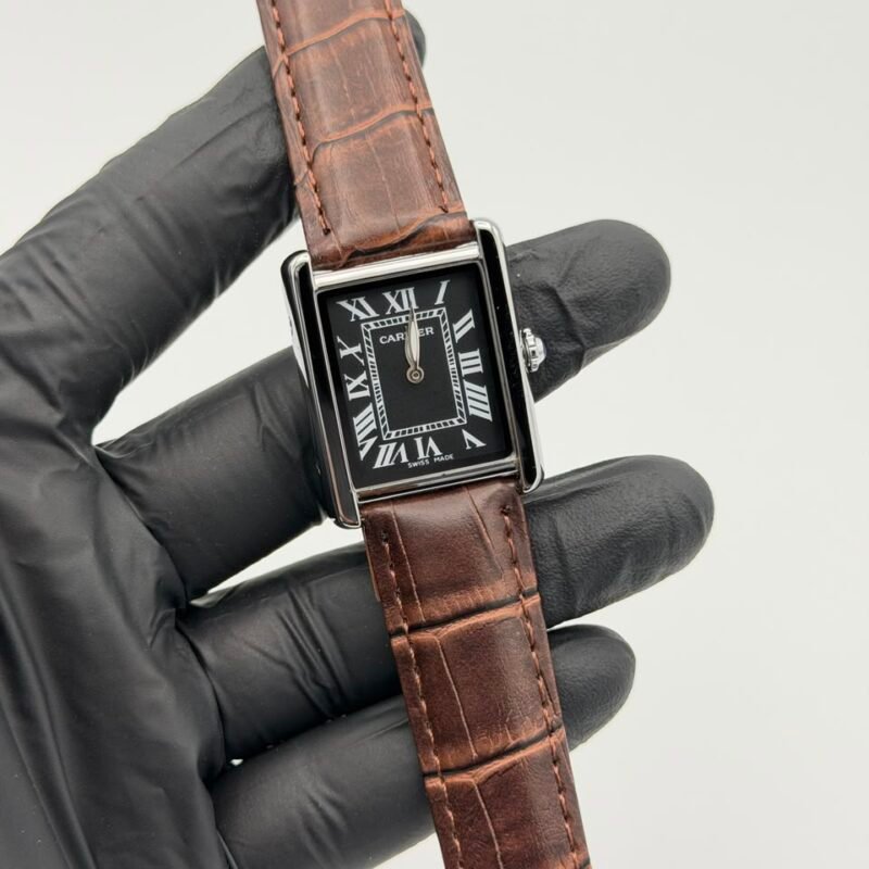 Black-rectangular-dress-watch-with-brown-leather-strap-and-Roman-numeral-dial.jpeg Black Rectangular Dress Watch – Brown Leather Strap