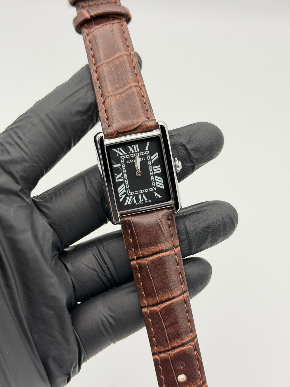 Black Rectangular Dress Watch – Brown Leather Strap