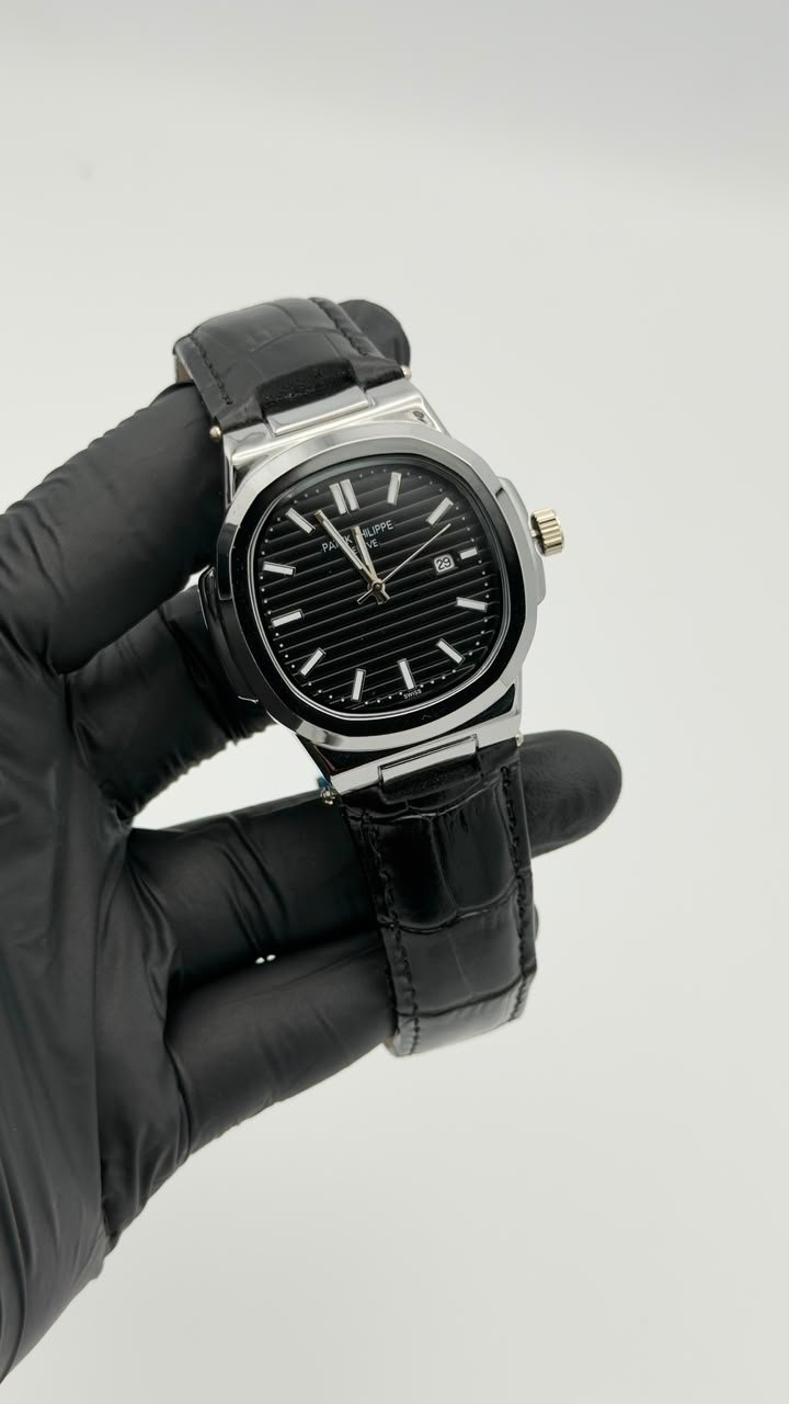 Black Textured Dial Leather Strap Quartz Watch - Image 2