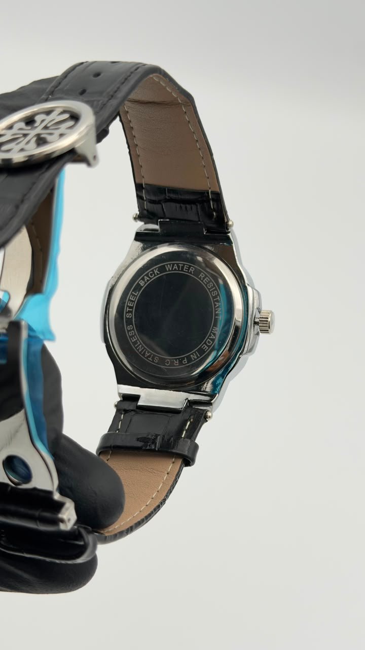 Black Textured Dial Leather Strap Quartz Watch - Image 5
