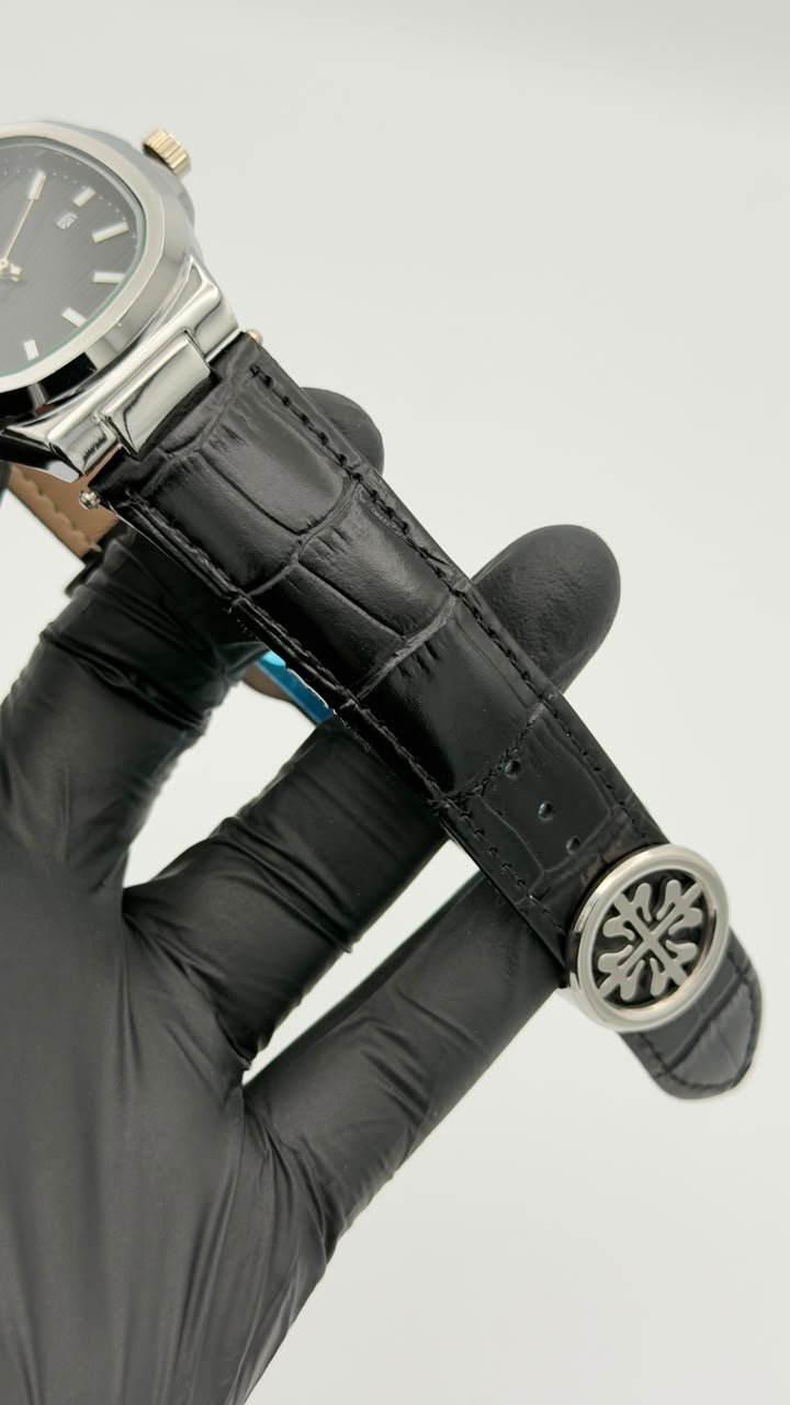 Black Textured Dial Leather Strap Quartz Watch - Image 3