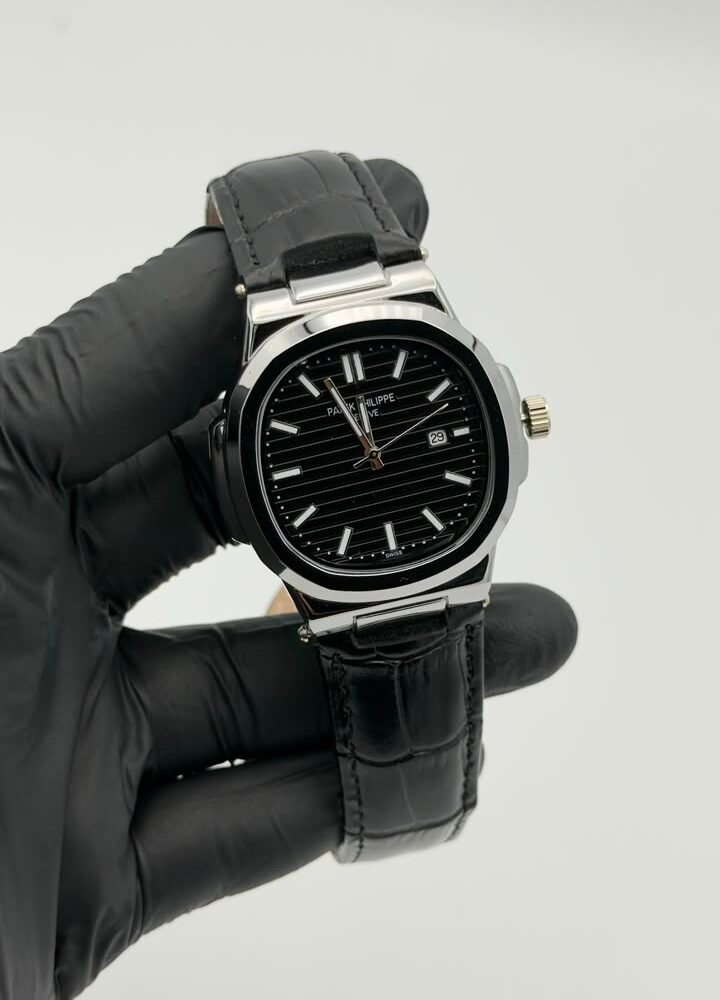 Black Textured Dial Leather Strap Quartz Watch