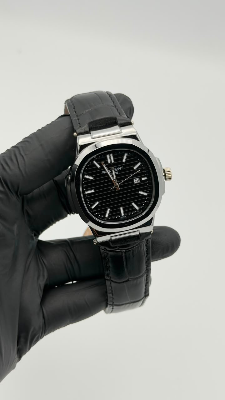 Black Textured Dial Leather Strap Quartz Watch