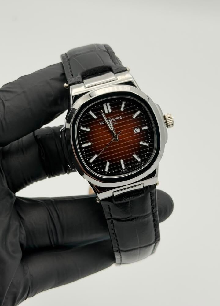 Brown textured dial silver-tone quartz watch with black leather-style strap Brown Textured Dial Leather Strap Quartz Watch