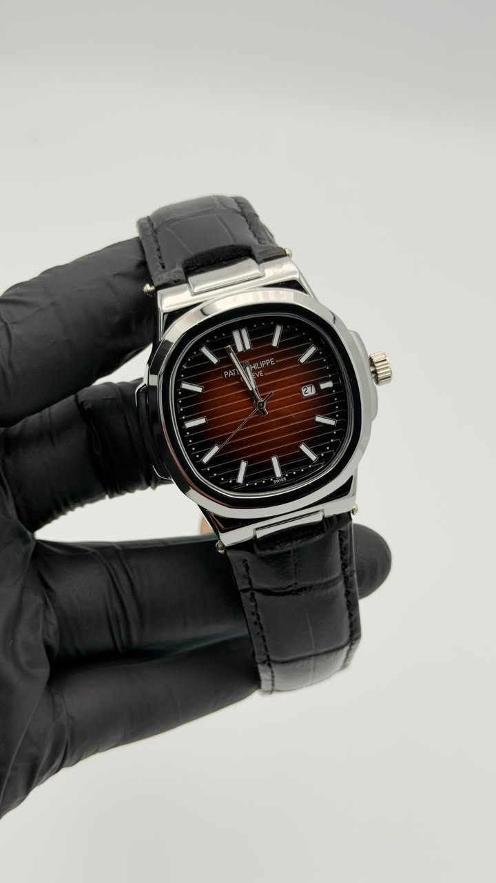 Brown Textured Dial Leather Strap Quartz Watch