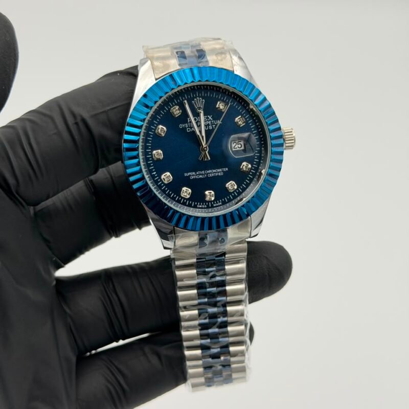 Deep Blue Dial Silver Watch – Blue Fluted Bezel & Crystal Markers