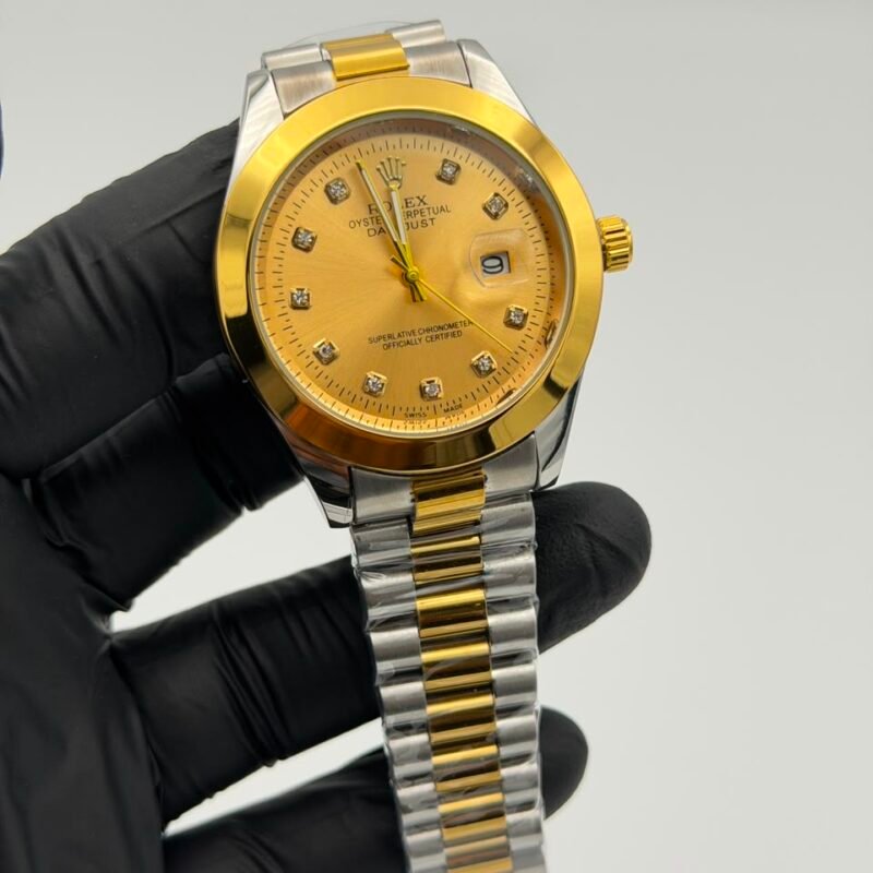 Gold-dial-two-tone-gold-and-silver-watch-with-crystal-style-hour-markers.jpeg Gold Dial Two-Tone Watch – Gold & Silver Bracelet