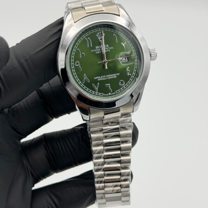 Green Dial Silver Watch – Arabic Numerals & Jubilee Bracelet