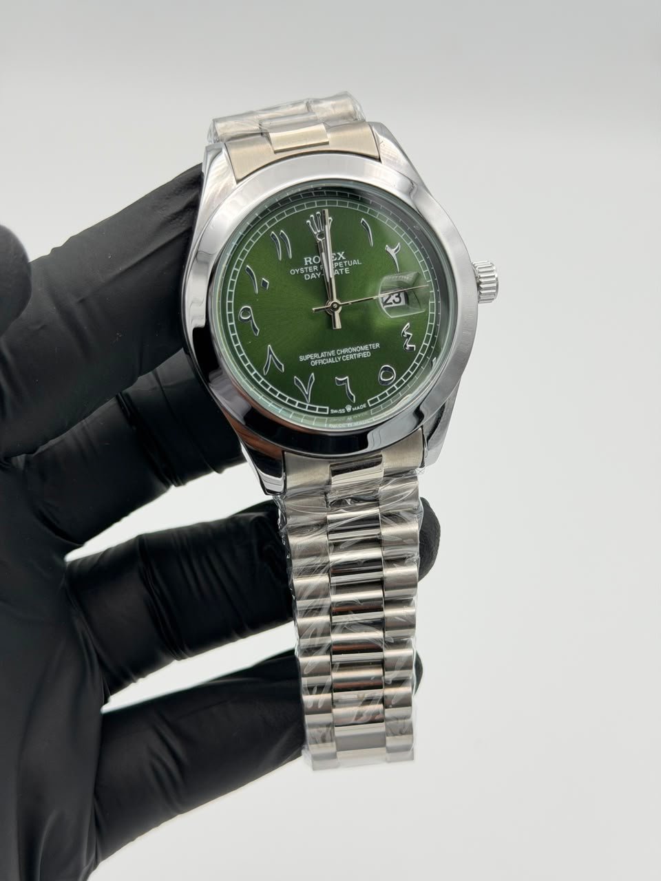 Green Dial Silver Watch – Arabic Numerals & Jubilee Bracelet