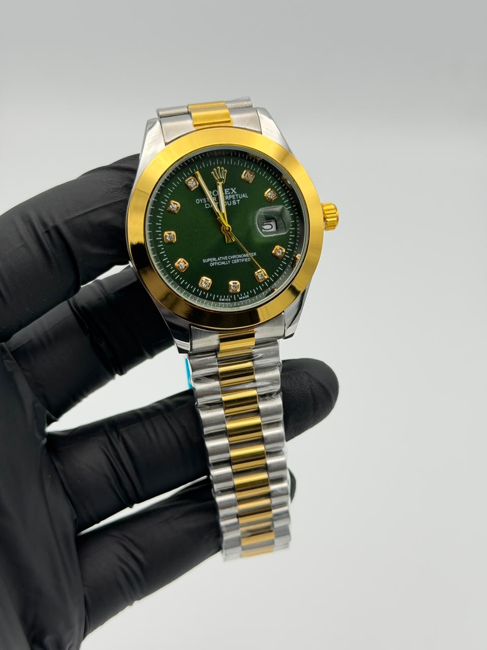 Green Dial Two-Tone Gold & Silver Watch – Crystal Markers