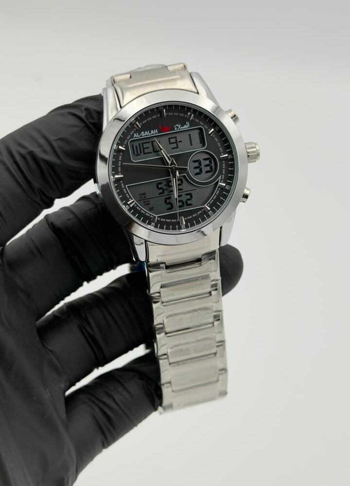 Original Al-Salah digital analog dual time stainless steel quartz watch with black dial Al-Salah Digital Analog Dual Time Stainless Steel Quartz Watch