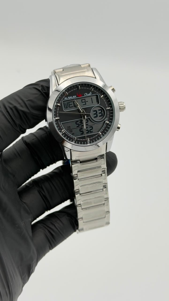 Al-Salah Digital Analog Dual Time Stainless Steel Quartz Watch