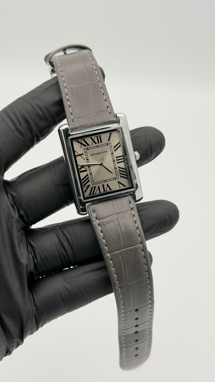 Silver Rectangular Roman Numeral Grey Strap Quartz Watch - Image 2