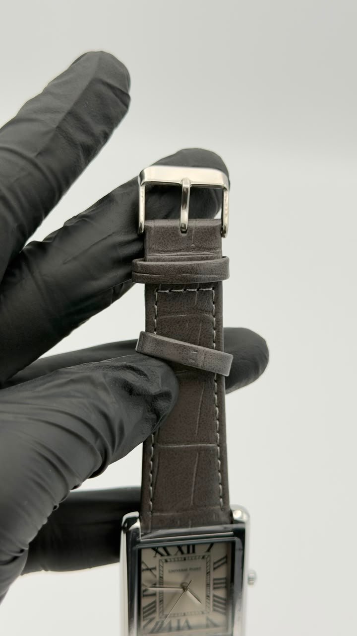 Silver Rectangular Roman Numeral Grey Strap Quartz Watch - Image 3
