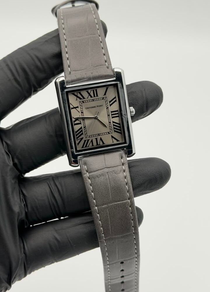 Silver rectangular Roman numeral quartz watch with grey leather-style strap Silver Rectangular Roman Numeral Grey Strap Quartz Watch