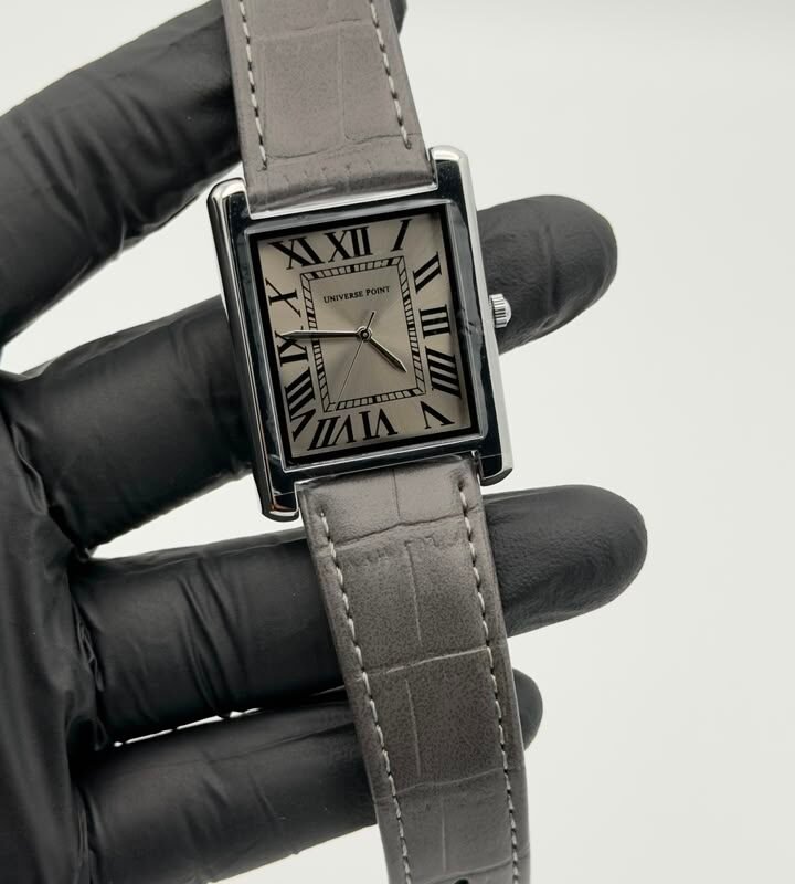 Silver Rectangular Roman Numeral Grey Strap Quartz Watch