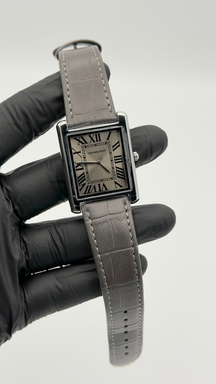 Silver Rectangular Roman Numeral Grey Strap Quartz Watch