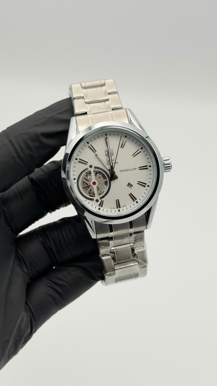 Silver White Dial Open Heart Semi-Automatic Watch