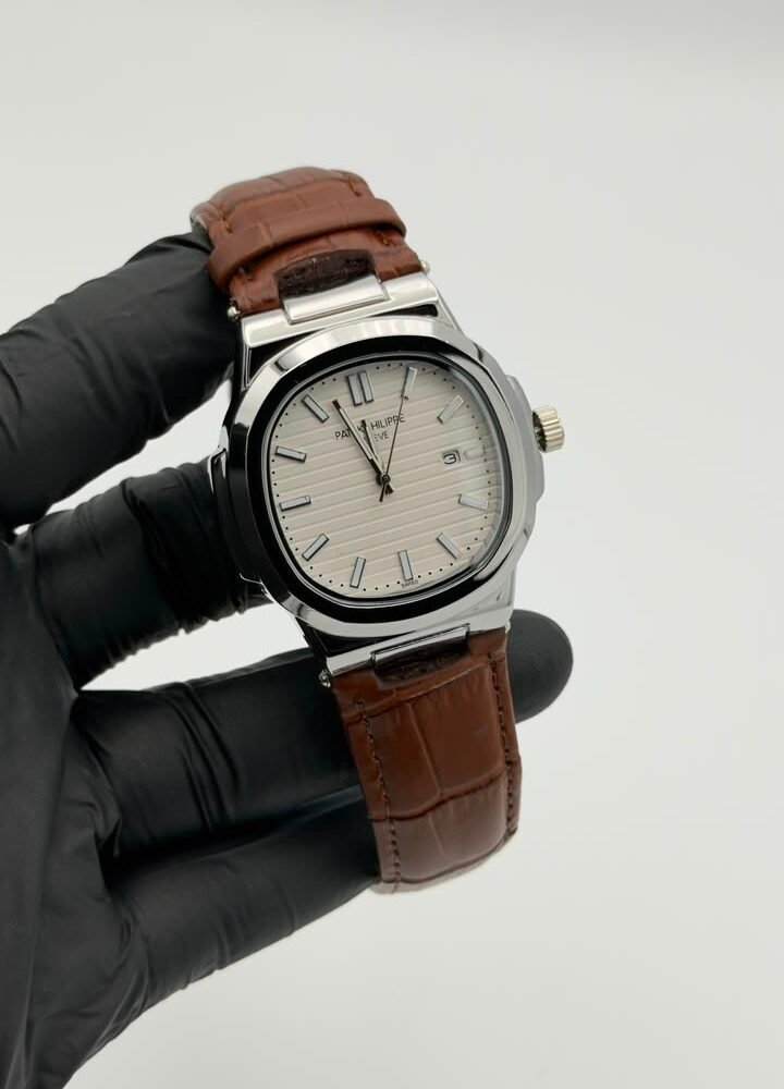 White Textured Dial Brown Leather Strap Quartz Watch