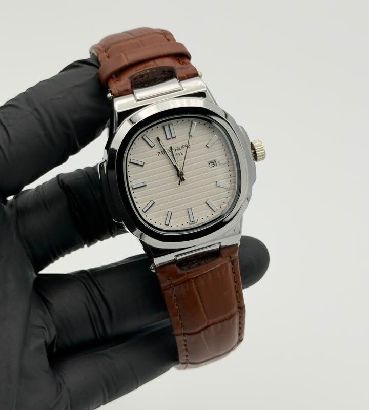 White Textured Dial Brown Leather Strap Quartz Watch
